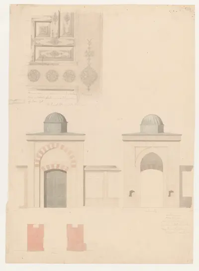 Gottlieb Bindesbøll, Studie af port til den forreste gård ved Sultan Ahmed-moskeen, 1836. Blyant og akvarel på papir. Det Kgl. Bibliotek.