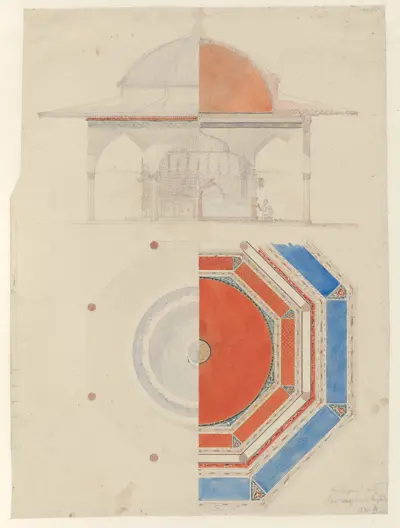 Gottlieb Bindesbøll, Studie af fontænen i Hagia Sophias forgård, 1836. Blyant og akvarel på papir. Det Kgl. Bibliotek.